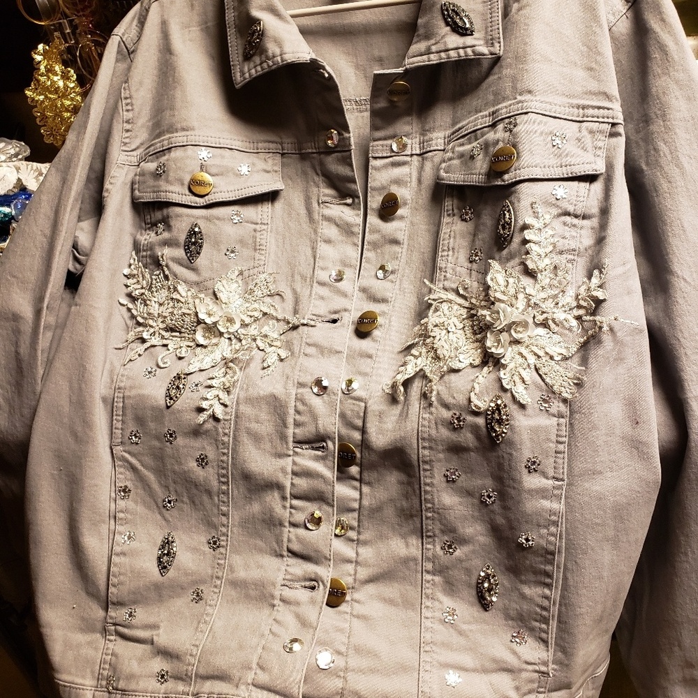 Silver/grey denim with rhinestones and applicas